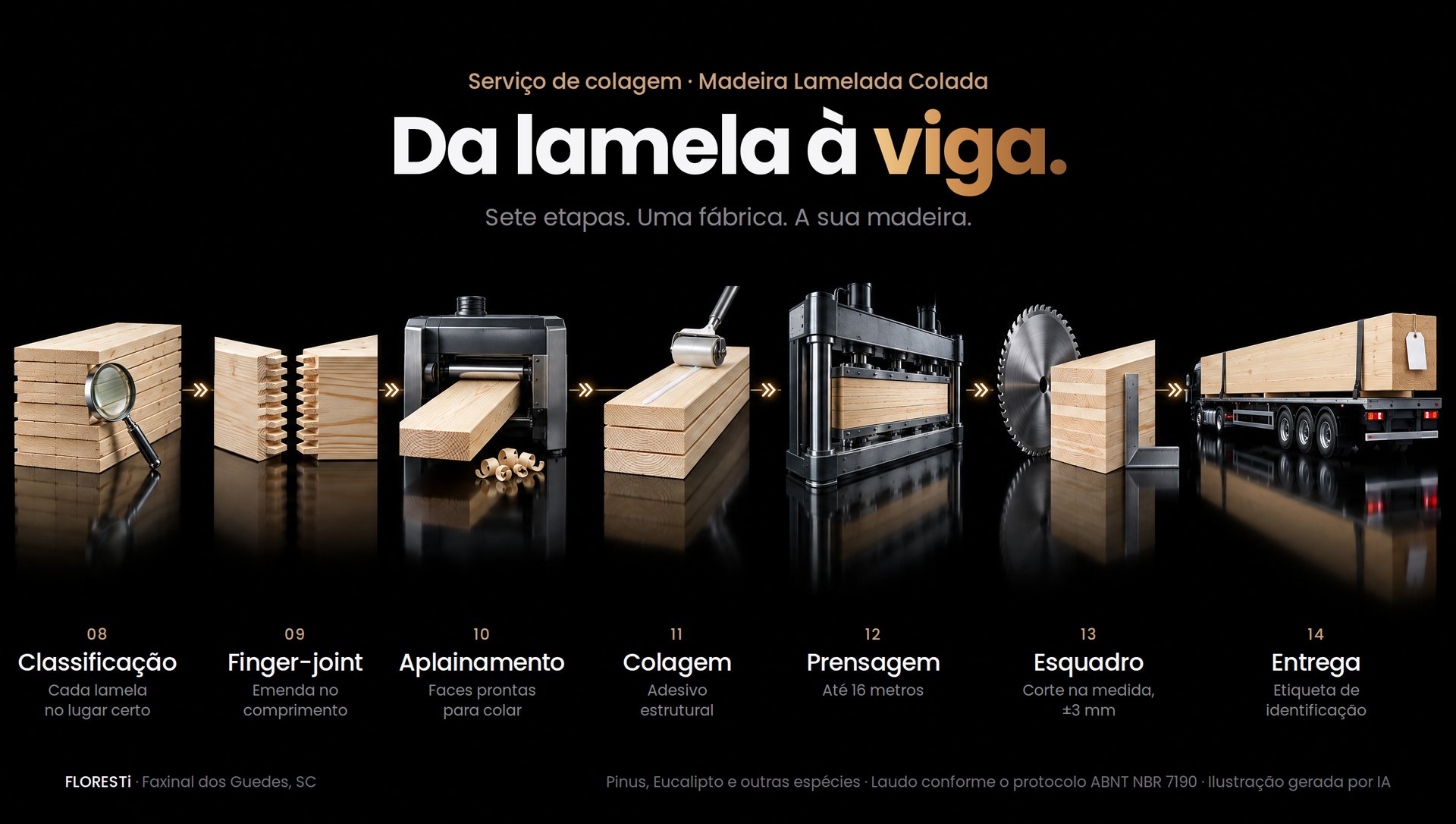 Da lamela à viga: etapas 08 a 14 do serviço de colagem MLC, classificação, finger-joint, aplainamento, colagem, prensagem, esquadro e entrega